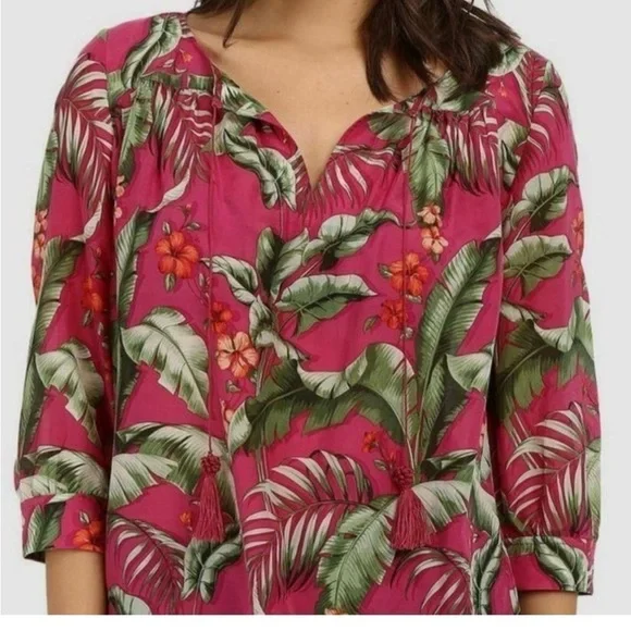 Tommy Bahama silk blend Blouse Top Pink Green Tropical Floral Vacation sz lg - Picture 11 of 11